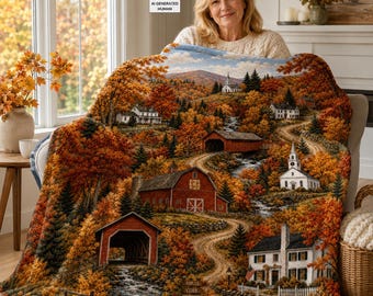 New England Fall Blanket, Covered Bridge Autumn Throw, Vermont Foliage, Rustic Farmhouse Home Decor