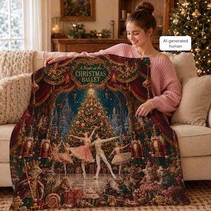 May include: A rectangular throw blanket featuring a detailed illustration of a stage performance titled A Night at the CHRISTMAS BALLET. The scene depicts ballet dancers in pink and white costumes performing before a large, decorated Christmas tree.