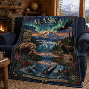 Alaska Wildlife Blanket, Northern Lights Velveteen Plush Throw, Cruise Gift, Travel Souvenir image 2