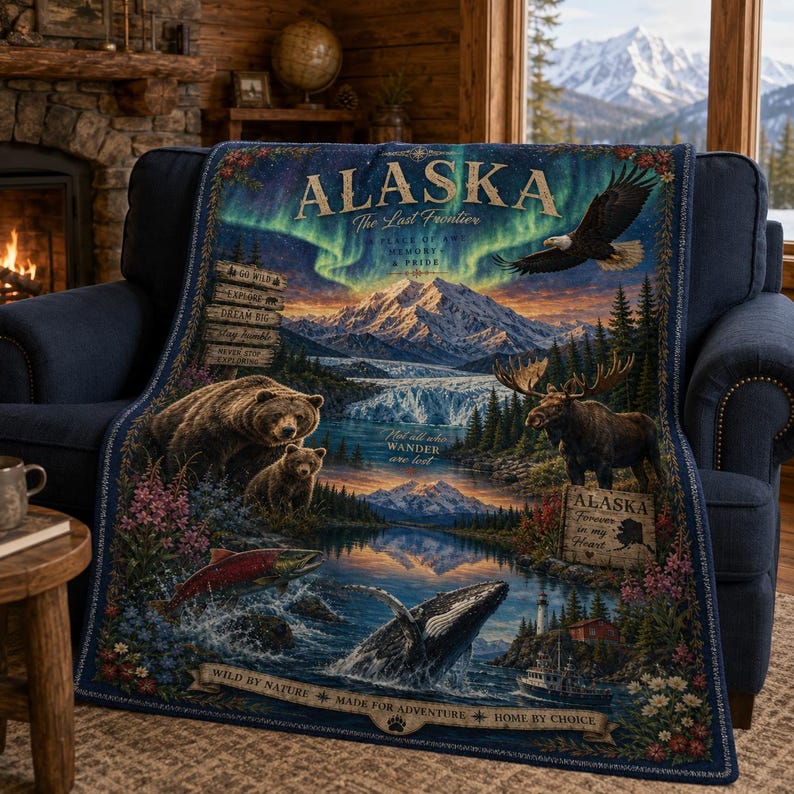 Alaska Wildlife Blanket, Northern Lights Velveteen Plush Throw, Cruise Gift, Travel Souvenir image 2
