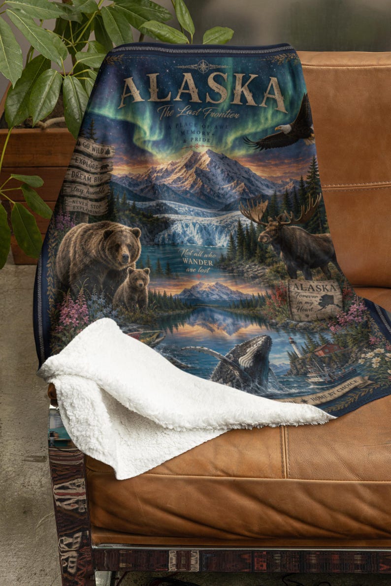 Alaska Wildlife Blanket, Northern Lights Velveteen Plush Throw, Cruise Gift, Travel Souvenir image 5