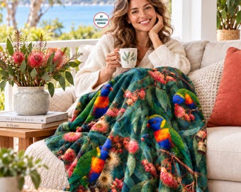 Bird Lover Blanket, Rainbow Lorikeet Eucalyptus Velveteen Plush Blanket, Australian Wildlife Gift