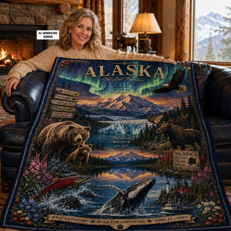 Alaska Wildlife Blanket, Northern Lights Velveteen Plush Throw, Cruise Gift, Travel Souvenir image 1