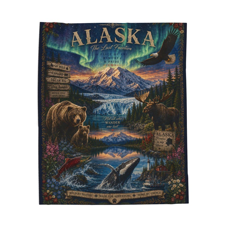 Alaska Wildlife Blanket, Northern Lights Velveteen Plush Throw, Cruise Gift, Travel Souvenir image 8