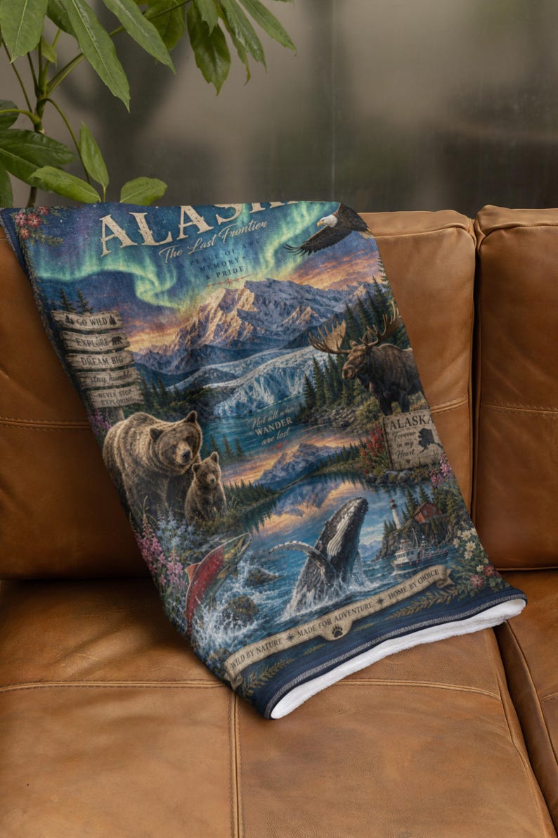 Alaska Wildlife Blanket, Northern Lights Velveteen Plush Throw, Cruise Gift, Travel Souvenir image 4
