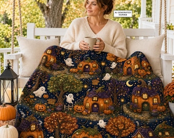 Whimsical Ghost Halloween Blanket, Pumpkin Village Plush Throw, Cozy Fall Bedding, Spooky Season Decor