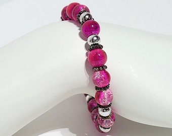 Pink and Silver Crackled Glass Beaded Stretch Bracelet, 7 inches