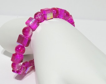 Pink Iridescent Glass Beaded Stretch Bracelet, 7 inches, October Birthstone