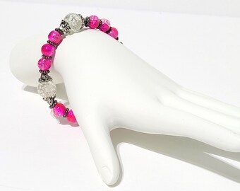 Pink and Clear Crackled Glass Beaded Stretch Bracelet, 7 inches, October Birthstone