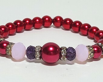 Berry Red and Deep Purple Beaded Stretch Bracelet, 7 inches