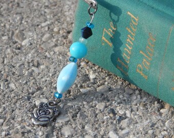 Blue Glass Beaded Drop with Rose Charm on Silver Shepherd's Hook Bookmark