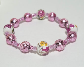 Pink Foil and Porcelain Floral Beaded Stretch Bracelet, 7 1/8 inches