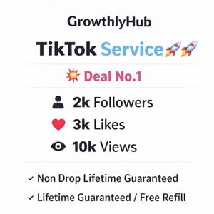 Op de afbeelding: Witte afbeelding met de tekst "GrowthlyHub TikTok Service" en "Deal No.1". Bevat pictogrammen voor 2k volgers, 3k likes en 10k weergaven, met garantie-uitspraken hieronder.