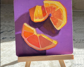 Patrick Sheng Original Mini Gouache Painting on Wood Panel, Orange Still Life Art, Small One of a Kind Desk or Shelf Decor