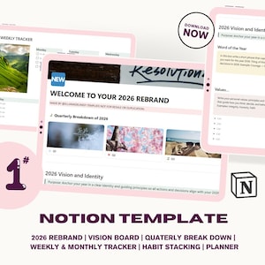 May include: A digital Notion template with a pink and white design. The template includes sections for a 2026 rebrand, vision board, quarterly breakdown, and weekly tracker. The text includes "DOWNLOAD NOW" and "WELCOME TO YOUR 2026 REBRAND".