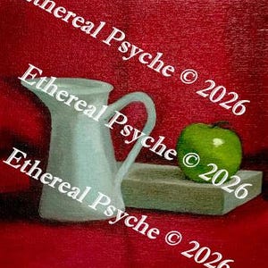 May include: A still life painting featuring a white pitcher with a handle, a green apple, and a rectangular block, set against a red background. The text "Ethereal Psyche © 2026" is diagonally across the image.