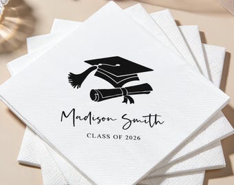 Personalized Graduation Napkins, Class of 2026 Grad Party Decor, Custom Grad Cap Supplies