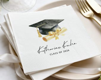 Personalized Graduation Napkins Class of 2026, Custom Initial Grad Party Decor, Classic Grad Cap Party Supplies, University Grad Gift
