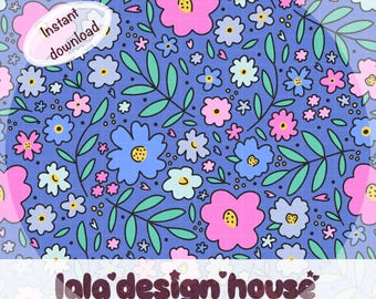Papel digital con estampado floral rosa y morado sin costuras, estilo retro botánico (descarga digital).