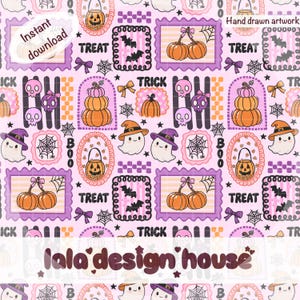 Peut inclure: Un motif numérique avec des éléments d'Halloween sur fond rose clair, incluant des fantômes à chapeaux violets, des citrouilles orange, des crânes roses, des chauves-souris, des toiles d'araignée et des nœuds. Le texte indique "TREAT", "TRICK", "BOO".