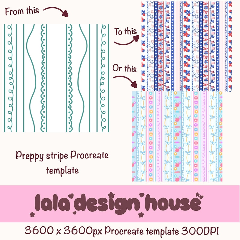 May include: A digital art template for Procreate featuring preppy stripe designs. The image shows examples of stripe patterns, including a patriotic red, white, and blue design, and a pastel-colored design with bows and ribbons. The text reads "Preppy stripe Procreate template".