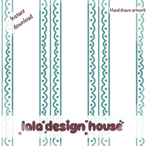 May include: A digital graphic featuring repeating vertical teal stripes with a scalloped edge and dot pattern on a white background. The text reads Instant download, Hand drawn artwork, and lala design house with small star and heart icons.