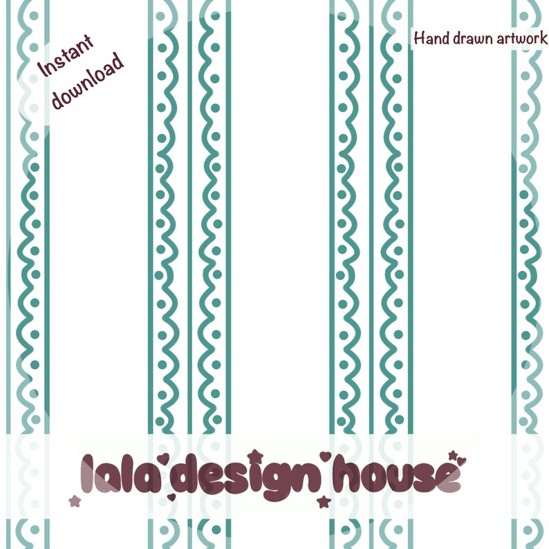 May include: A digital graphic featuring repeating vertical teal stripes with a scalloped edge and dot pattern on a white background. The text reads Instant download, Hand drawn artwork, and lala design house with small star and heart icons.