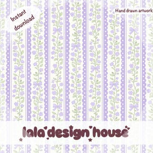 May include: A digital pattern featuring vertical stripes of light purple and white. The design includes repeating floral vines with small purple flowers, green leaves, and light purple bows. Text reads Instant download and Hand drawn artwork.