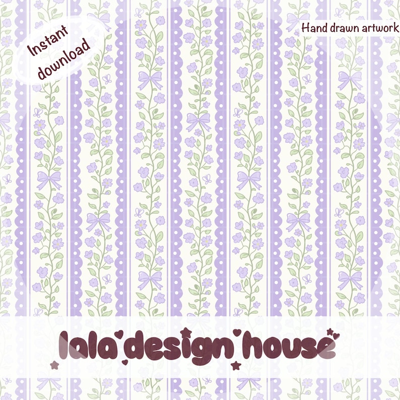 May include: A digital pattern featuring vertical stripes of light purple and white. The design includes repeating floral vines with small purple flowers, green leaves, and light purple bows. Text reads Instant download and Hand drawn artwork.