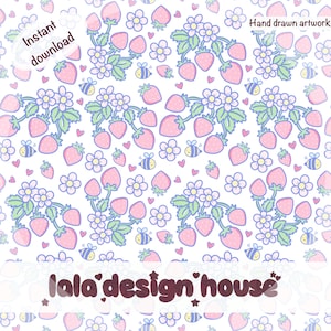 May include: A repeating pattern of pink strawberries, white flowers, and cartoon bees on a white background. The design includes the text "Instant download" and "Hand drawn artwork". The words "lala design house" are also present.