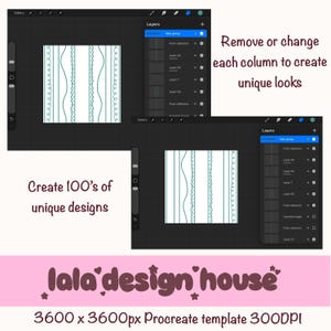 May include: A digital art template for Procreate, featuring teal decorative columns on a black background. Text reads "Remove or change each column to create unique looks" and "Create 100's of unique designs." The template is 3600 x 3600px.