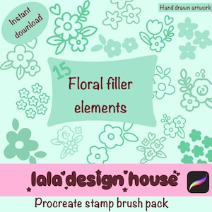 May include: A digital collection of 15 hand drawn floral filler elements in a light mint green colour. The image features various flower and leaf outlines, the text 15 Floral filler elements, lala design house, and Procreate stamp brush pack.