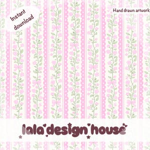 May include: A digital pattern featuring vertical stripes of pink and white, interspersed with hand-drawn green vines, small pink flowers, and light pink bows. The image includes the text Instant download, Hand drawn artwork, and lala design house.