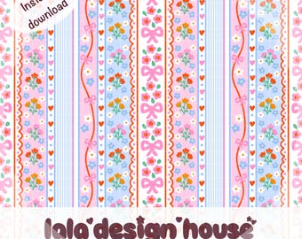 Seamless Stripe Pattern PNG, Coquette Bows and Floral Stripes Digital Paper, Pastel Girly Ditsy Flower Fabric Design, scallop stripe