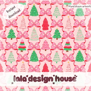 以下が含まれることがあります： ライトピンクの背景に、緑とピンクの手描きのクリスマスツリーとピンクのリボンが交互に配置された繰り返しパターン。画像には「Instant download」「Hand drawn artwork」「lala design house」というテキストが含まれています。