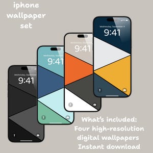May include: Four smartphones displaying geometric patterned wallpapers in black, teal, orange, and yellow. The screens show the time as 9:41 and the date. Text at the top reads "iphone wallpaper set". The bottom text says "What's included: Four high-resolution digital wallpapers Instant download."