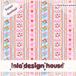 May include: A digital pattern featuring vertical stripes with repeating motifs of pink bows, small orange and pink flowers, white daisies, and red and pink hearts on light blue and pink backgrounds, with the text Instant download and Hand drawn artwork.