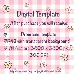 May include: A digital template graphic with the text "Digital Template" in a purple script font. The image includes details about the digital download, such as a Procreate template, PNG files, and resolution information. The background is a pink gingham pattern.