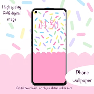 May include: A black smartphone displays a pink and white wallpaper with colorful sprinkles and the time 14:30. The image includes the text "I high quality PNG digital image" and "Phone wallpaper". The bottom of the screen has a pink scalloped design.