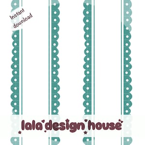 May include: A digital graphic featuring vertical teal scalloped borders with white dots on a white background. The text Instant download appears in the upper left corner, and the text lala design house is centered at the bottom in dark brown.