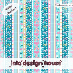 Puede incluir: Un patrón digital con rayas verticales en azul cerceta, azul claro y rosa. El diseño incluye motivos repetitivos de lazos rosas, pequeñas flores amarillas y blancas y corazones diminutos. Texto: Instant download y Hand drawn artwork.