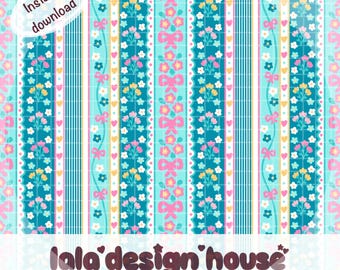 Papel digital con estampado floral Kawaii Coquette sin costuras, lazos de cinta en tonos pastel verde azulado y rosa, archivo de repetición de rayas con corazones estilo garabato preppy para tela.