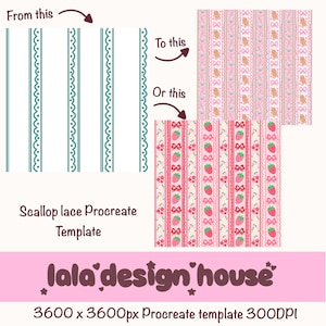 May include: A Scallop lace Procreate template featuring a white background with teal vertical stripes and scalloped lines. Two examples show the template filled with pink patterns of gingerbread cookies, candy canes, bows, strawberries, and flowers.
