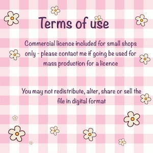 May include: A pink and white checkered background with daisy accents and the text "Terms of use." The text includes information about commercial licenses for small shops and restrictions on redistribution, alteration, sharing, or selling digital files.