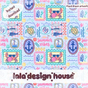 May include: A seamless digital pattern featuring hand-drawn nautical and summer elements on a light blue grid background. Icons include crabs with heart-shaped sunglasses, sea turtles, sailboats, anchors, fish, flip-flops, and the text summer vibes.