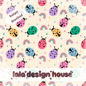 May include: A repeating pattern of colorful ladybugs, rainbows, and stars on a light beige background. The ladybugs are in various colors, including pink, purple, blue, green, and yellow. The text "Instant download" is visible.