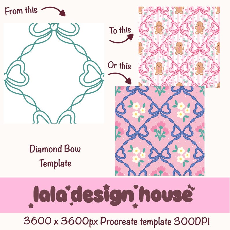以下が含まれることがあります： lala design houseによるデジタルDiamond Bow Template。ティール色のリボンの線画グリッドが表示されています。完成したパターンの例として、ジンジャーブレッドマンとキャンディケインの柄、およびピンクのドット柄の背景に花が描かれた柄の2種類が示されています。