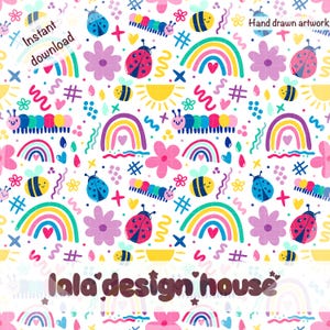 Pode incluir: Um padrão repetitivo em fundo branco com ilustrações coloridas de joaninhas, abelhas, lagartas, arco-íris e flores. O design inclui o texto Instant download, Hand drawn artwork e lala design house.