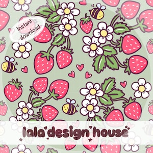 May include: A repeating pattern featuring strawberries, white flowers, green leaves, bees, and hearts on a pale green background. The words "Instant download" are in a white oval. The text "lala'design'house" is at the bottom.
