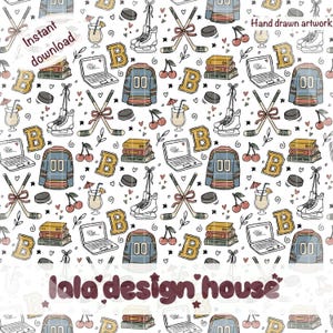 May include: A repeating pattern of hand-drawn illustrations featuring hockey jerseys with the number 00, ice skates, hockey sticks, laptops, stacks of books labeled story time, cherries, and the letter B, with text reading Instant download and lala design house.